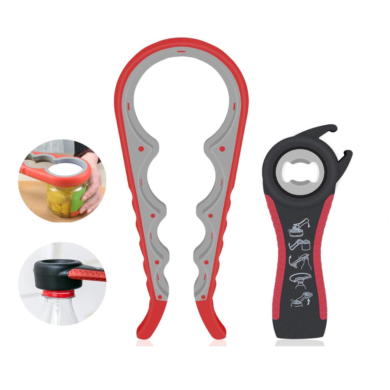 Abridor de frascos tapas con almohadilla de agarre para personas mayores manos débiles, abridor multifunción 4 en 1